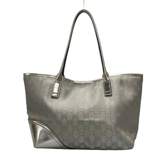 Auth GUCCI New Brit/GG 169946 Silver Jacquard Leather Tote Bag - Picture 3 of 16